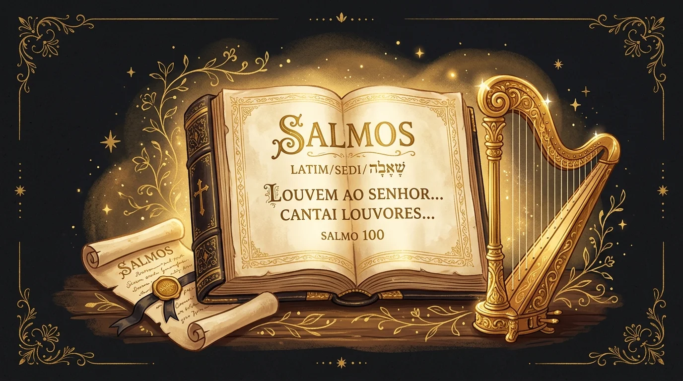 Ilustração cartoon em preto e dourado do livro de Salmos aberto, representando o maior livro da Bíblia