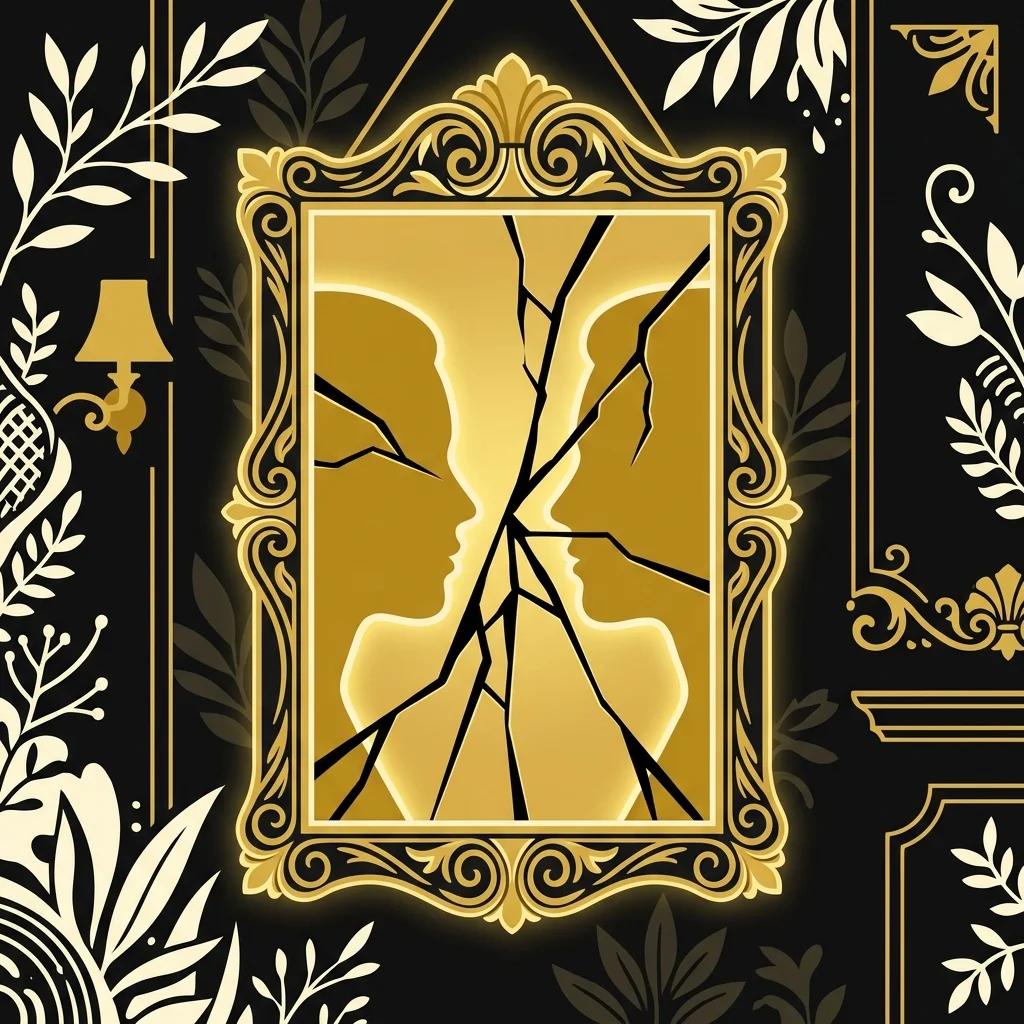 Ilustração cartoon em preto e dourado: Um espelho rachado refletindo dois rostos em silhueta dourada