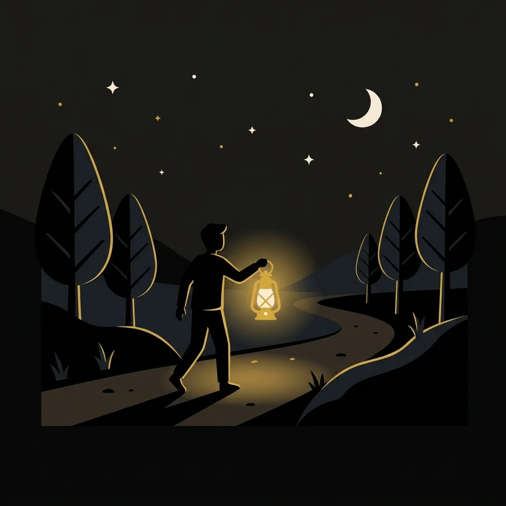 Ilustração cartoon em preto e dourado: Uma lamparina dourada guiando uma figura por uma estrada escura
