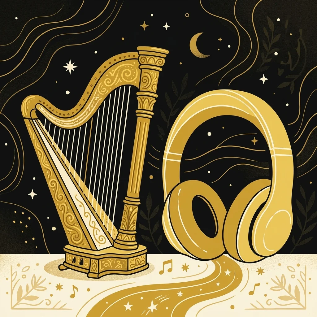 Ilustração cartoon em preto e dourado: Uma harpa antiga ao lado da silhueta dourada de um fone de ouvido moderno