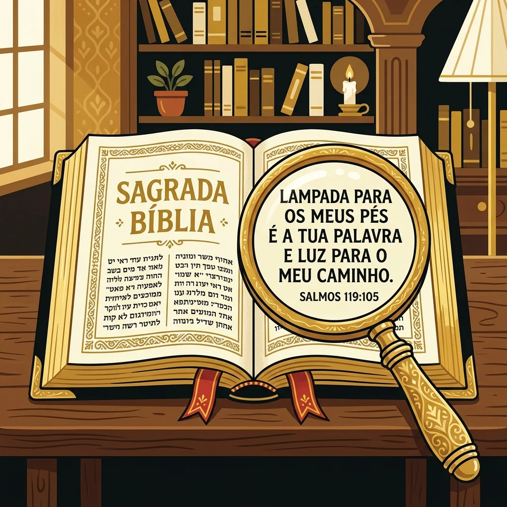 Ilustração cartoon em preto e dourado: Uma lupa dourada sobre uma Bíblia aberta