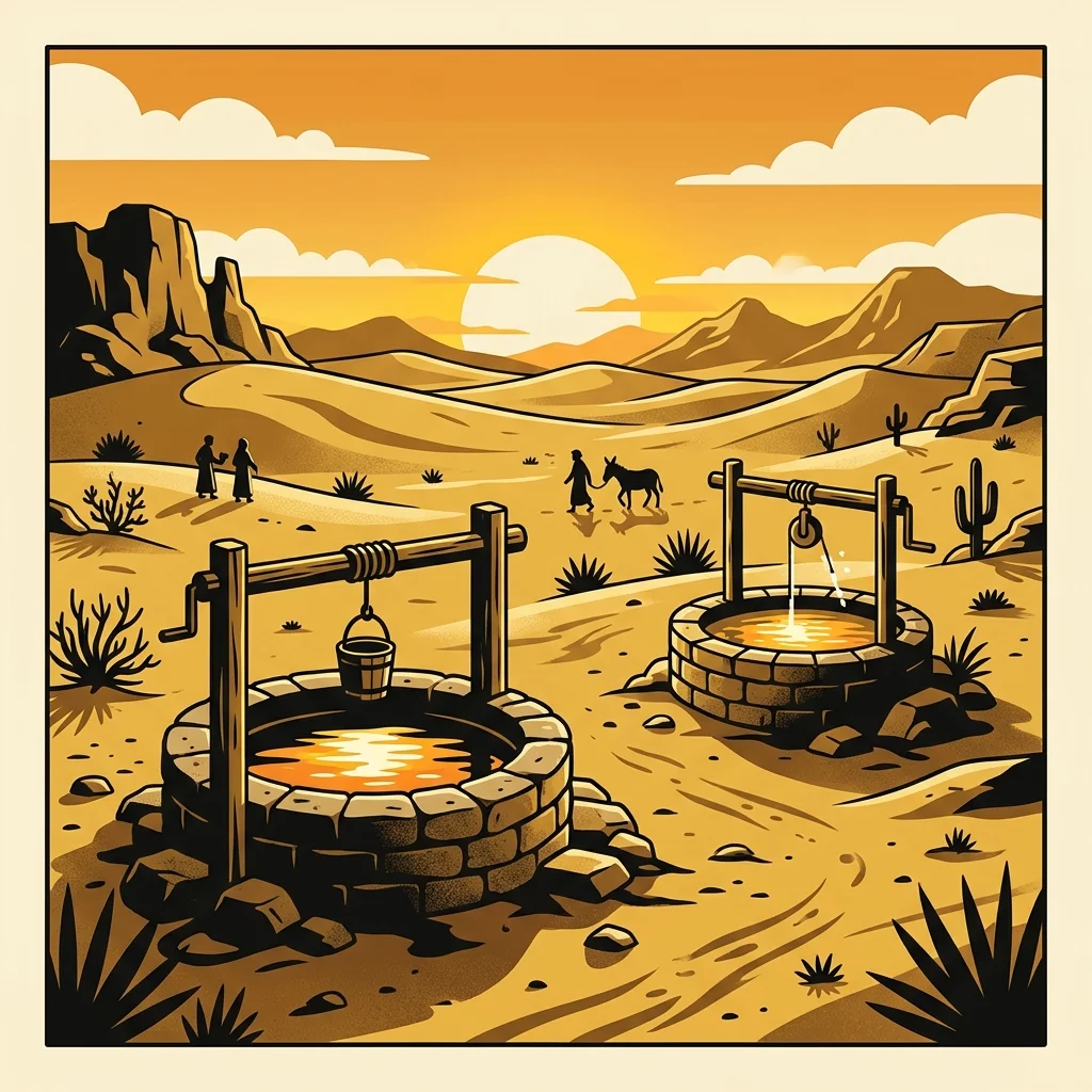 Ilustração cartoon em preto e dourado: Dois poços de água cavados no deserto, luz dourada refletindo na água