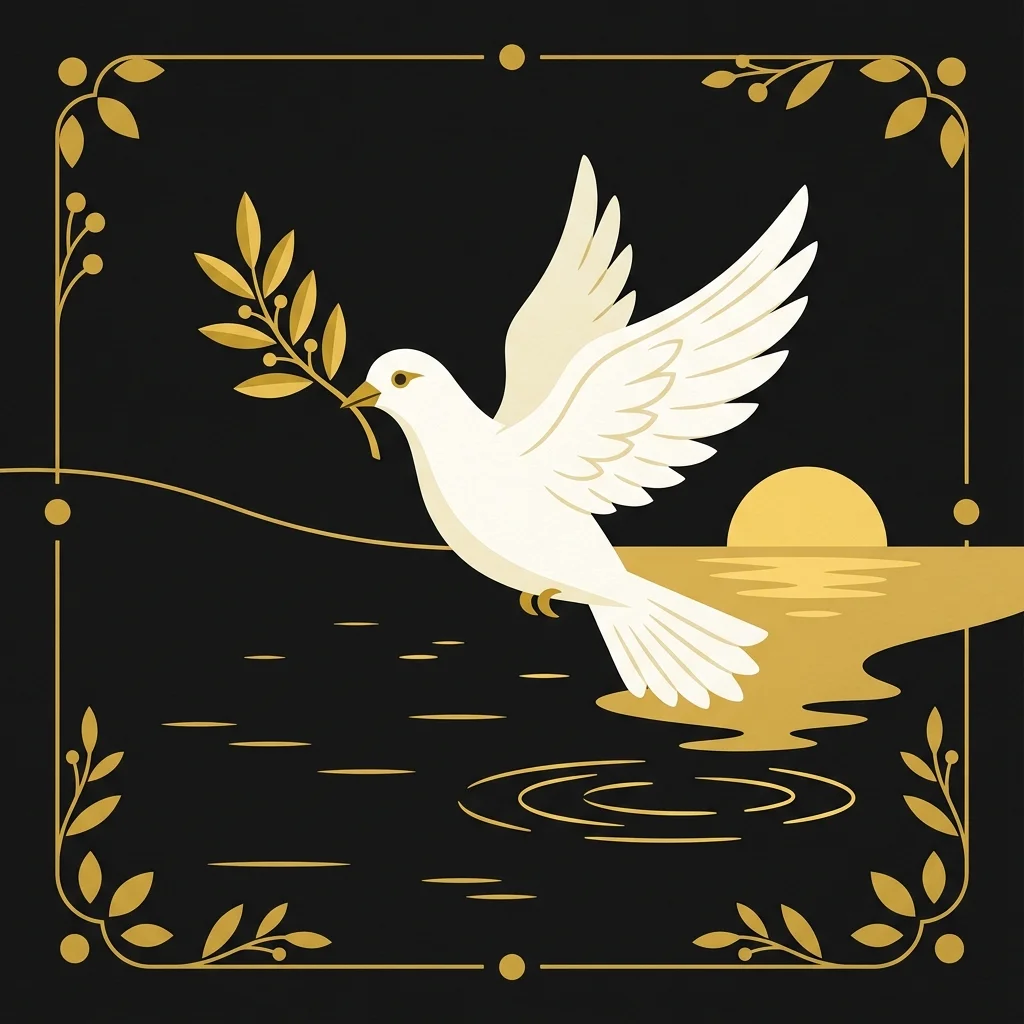 Ilustração cartoon em preto e dourado: Uma pomba branca segurando um ramo de oliveira dourado sobre água calma
