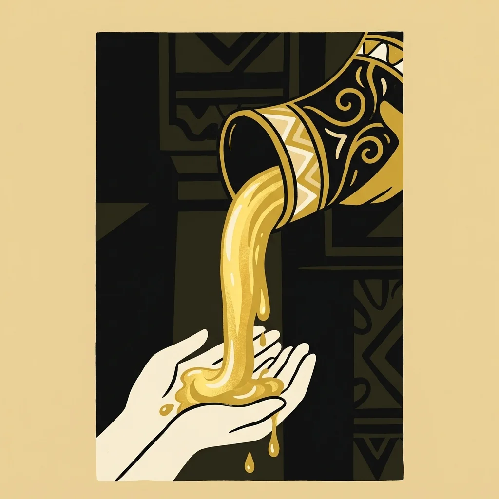 Ilustração cartoon em preto e dourado: Um chifre derramando óleo dourado em um gesto de unção