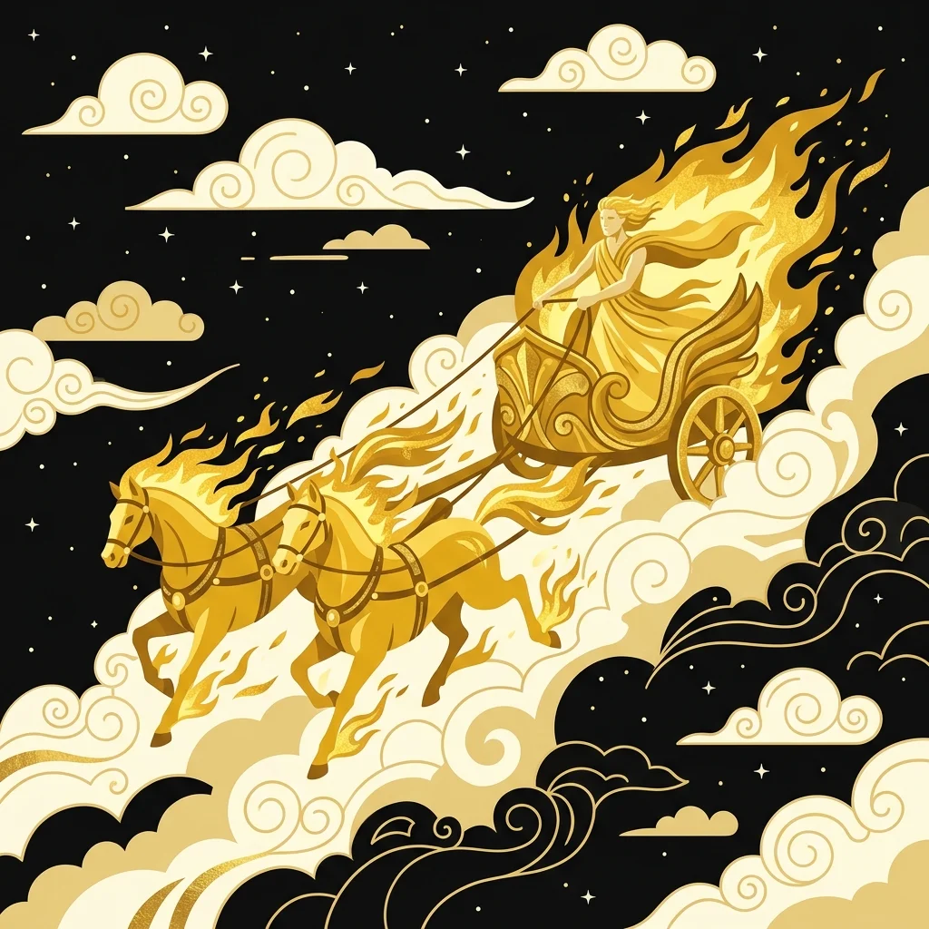 Ilustração cartoon em preto e dourado: Uma carruagem de fogo dourada subindo entre nuvens