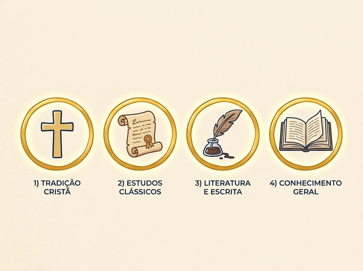 Comparação cartoon entre diferentes tradições teológicas de Bíblias de estudo profundo, com selo dourado de Bíblia Ideal